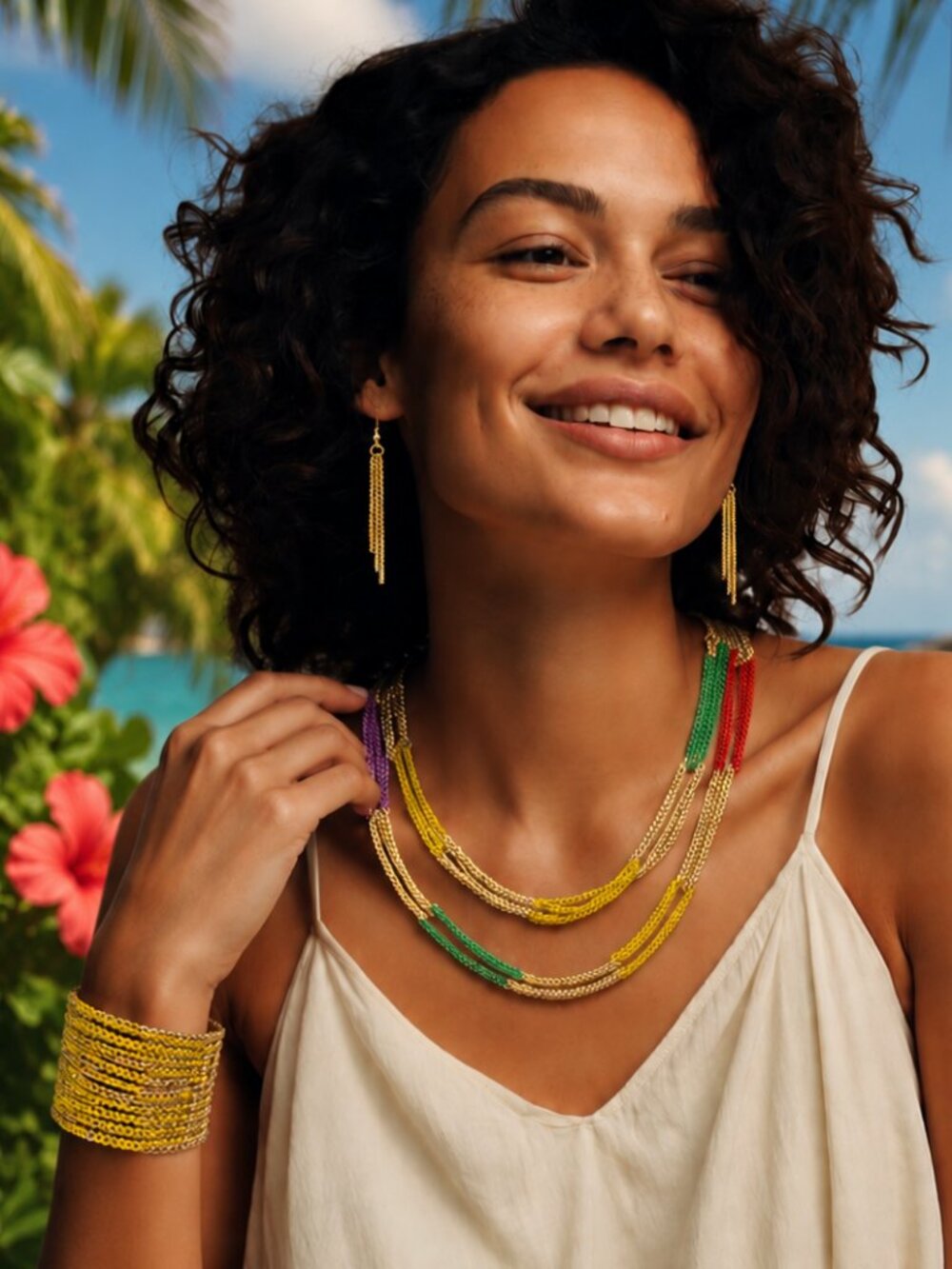 Multicolored Long Looped Chain Necklace with Matching Earrings & Bracelet